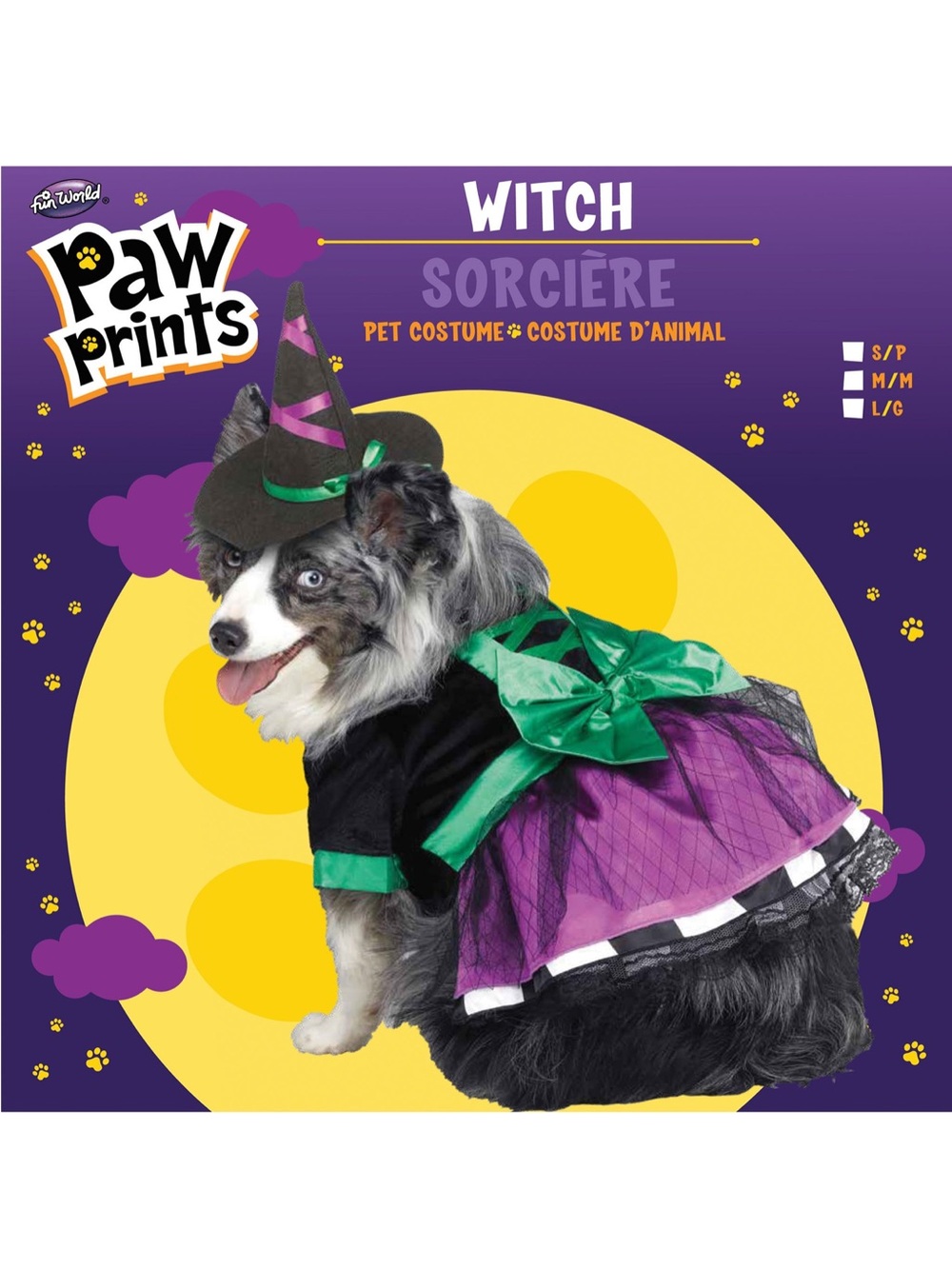 Paw Prints Fun World Doggie Witch Pet Costume Purple Green Dress Hat Size Small